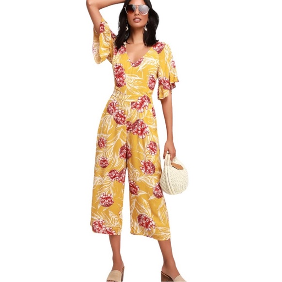 Lulus Garden's Glory Mustard Yellow Floral Print Culotte Jumpsuit - Picture 1 of 11